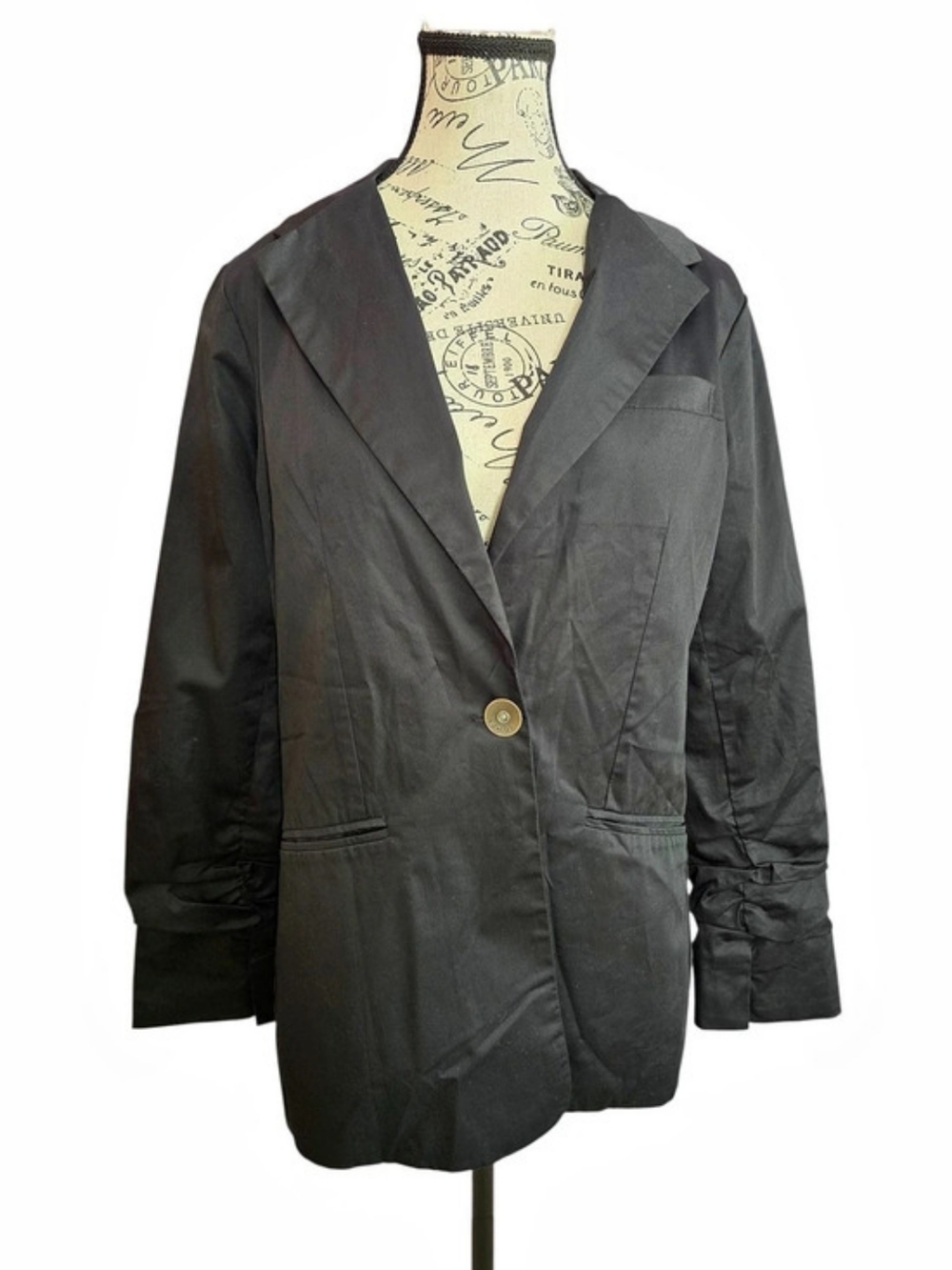XCVI Ruched-Sleeve One-Button Cotton Black Blazer M Goth Dark